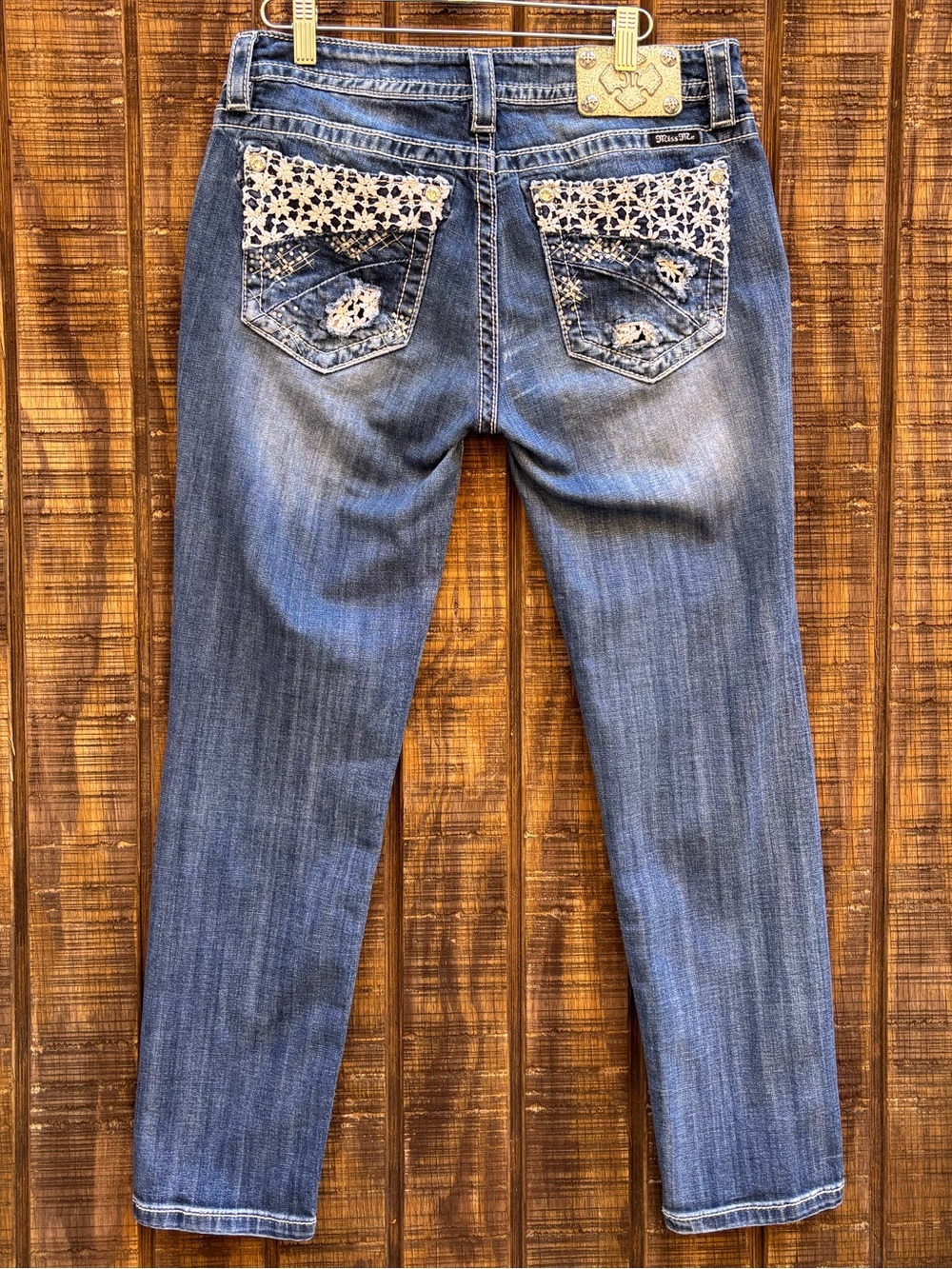 Miss Me Blue Cuffed Skinny Bedazzled Floral Crochet Jeans